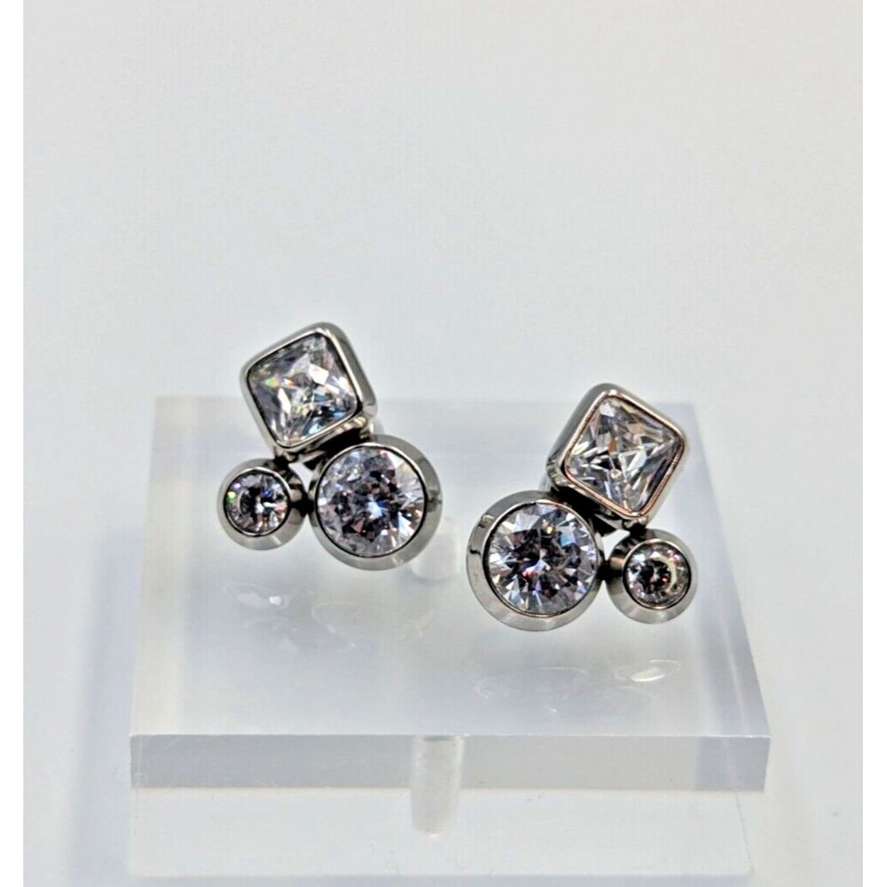Michael Kors Silver Tone Crystal Stud Geometric Earrings Marked Retired